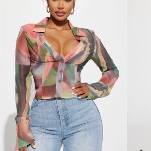 Fashion Nova Vibrant Sheer Button-Up Blouse